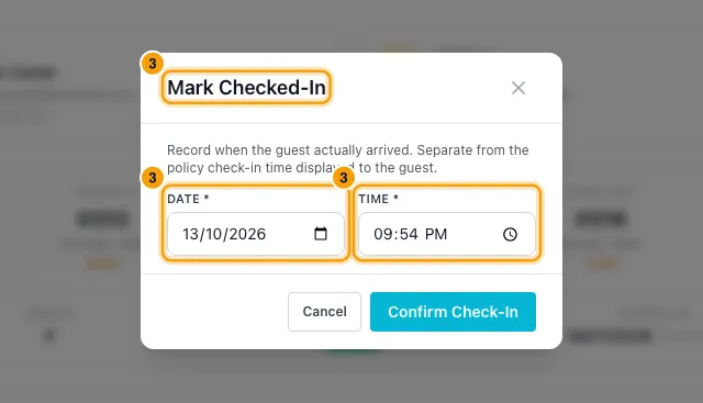 Check a guest in or out: step 3 in Rentibly, with Mark Checked-In, Date, Time marked.