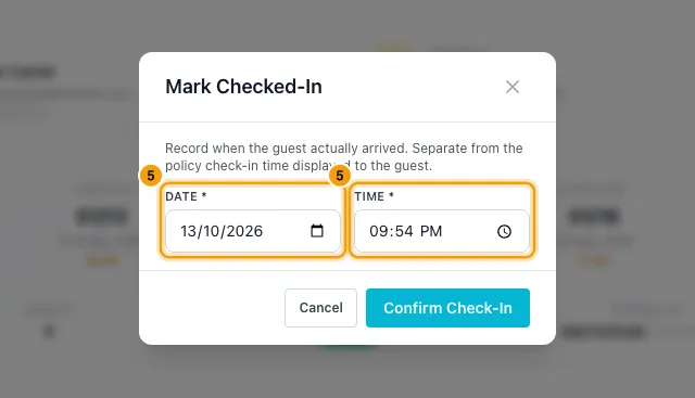 Check a guest in or out: step 5 in Rentibly, with Date, Time marked.