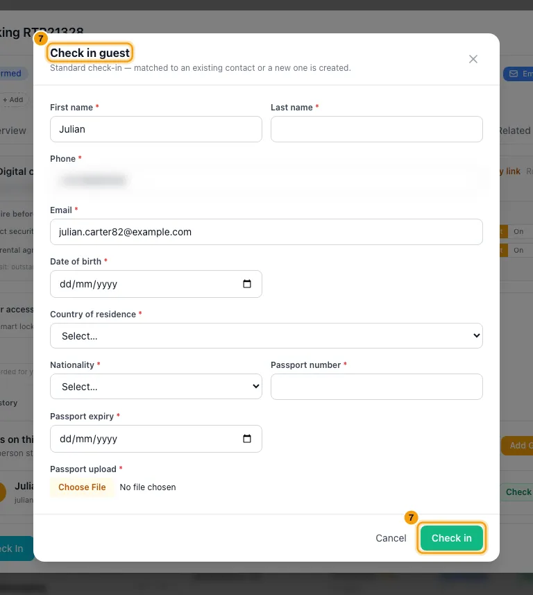 Check a guest in or out: step 7 in Rentibly, with Check in guest, Check in marked.