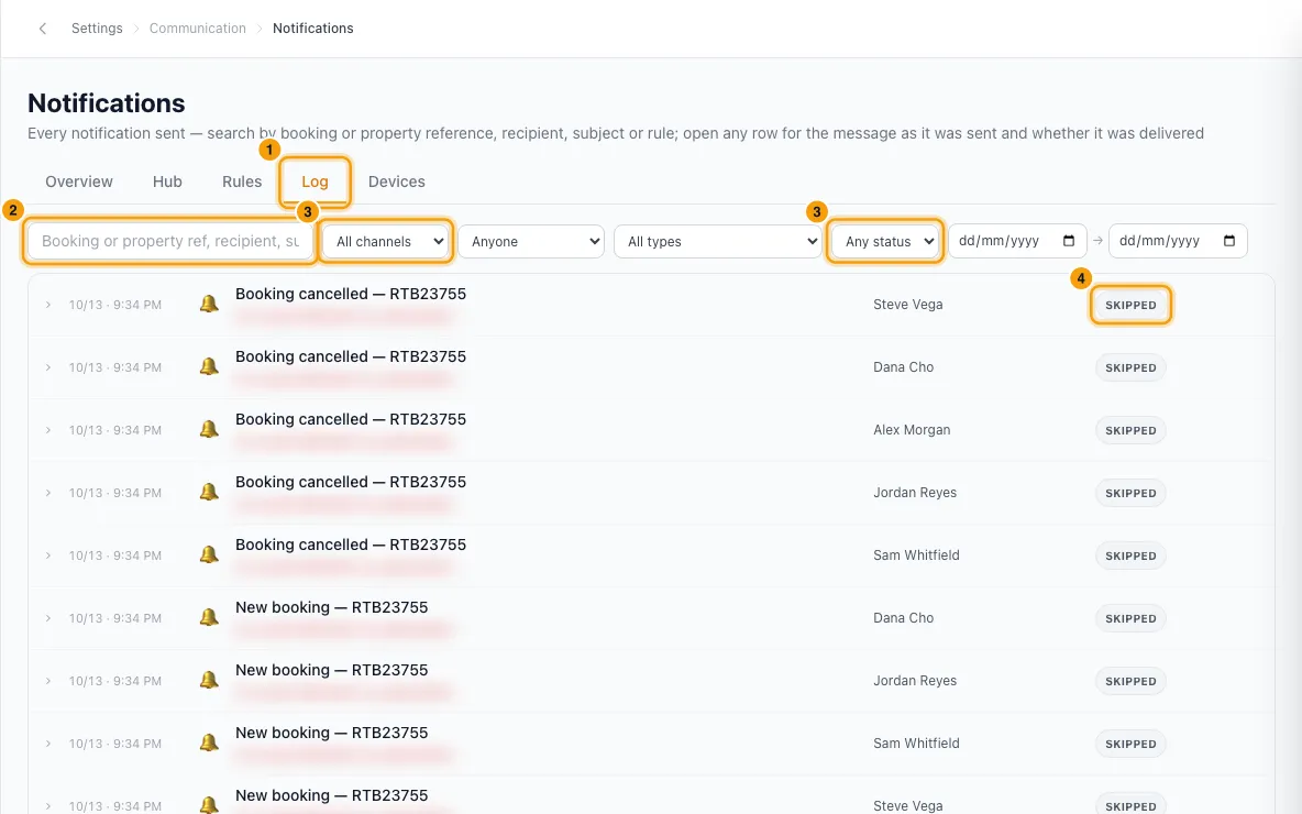 Check whether a notification was sent (Notification Log): steps 1, 2, 3 and 4 in Rentibly, with Log, the search box, the filters marked.