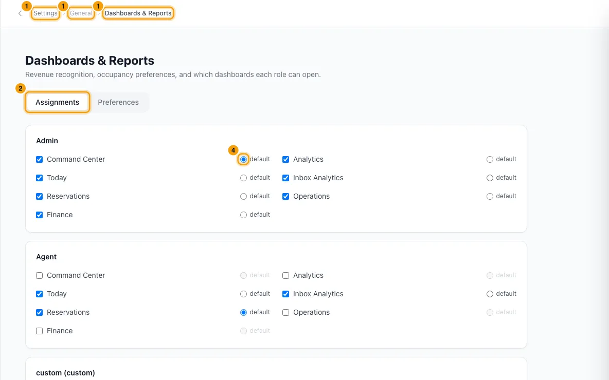 Choose dashboards for each role, revenue recognition and occupancy: steps 1, 2 and 4 in Rentibly, with Settings, General, Dashboards & Reports marked.
