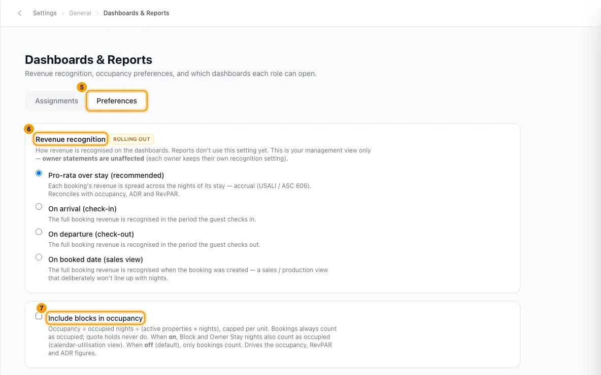 Choose dashboards for each role, revenue recognition and occupancy: steps 5, 6 and 7 in Rentibly, with Preferences, Revenue recognition, Include blocks in occupancy marked.