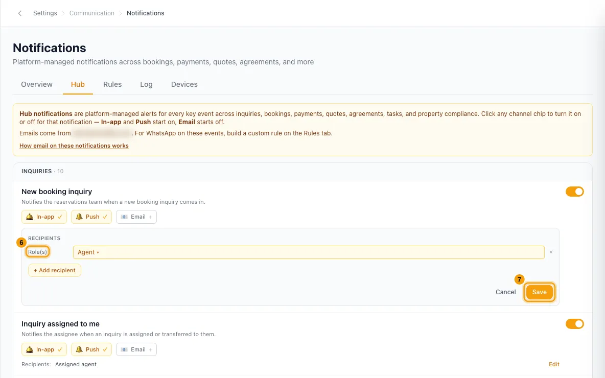 Choose who gets the Hub's built-in alerts: steps 6 and 7 in Rentibly, with Role(s), Save marked.