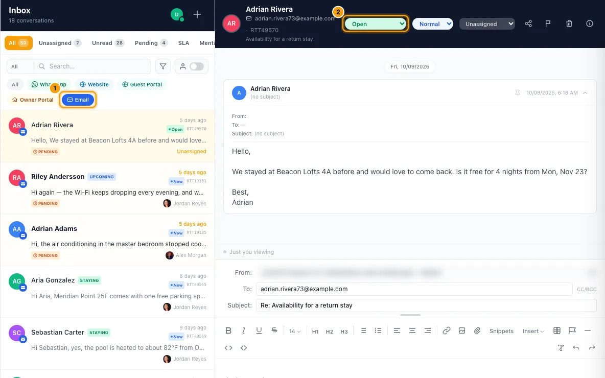 Clean spam, marketing and newsletters out of the Inbox: steps 1 and 2 in Rentibly, with Email, the status marked.