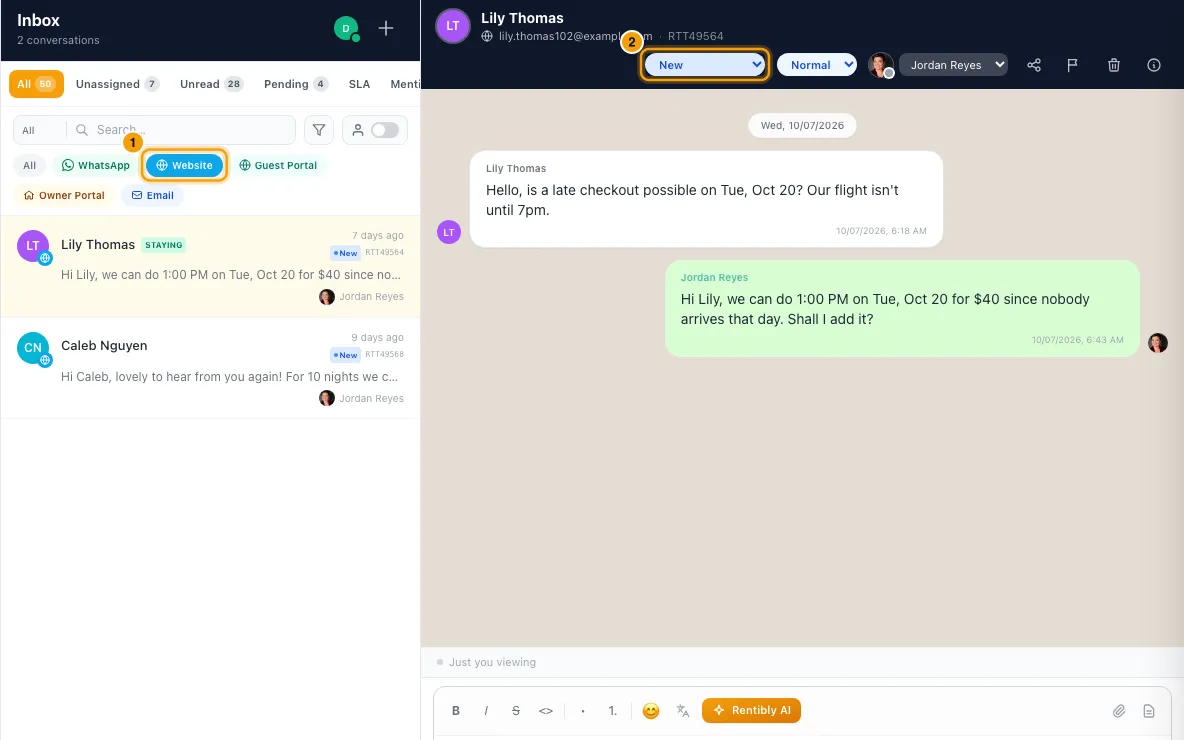 Close finished conversations and update their inquiries: steps 1 and 2 in Rentibly, with Website, the status marked.