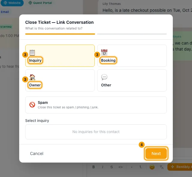 Close finished conversations and update their inquiries: steps 3 and 4 in Rentibly, with Inquiry, Booking, Owner marked.