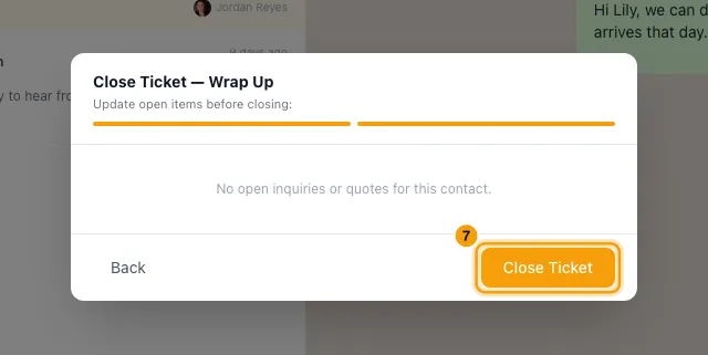 Close finished conversations and update their inquiries: step 7 in Rentibly, with Close Ticket marked.