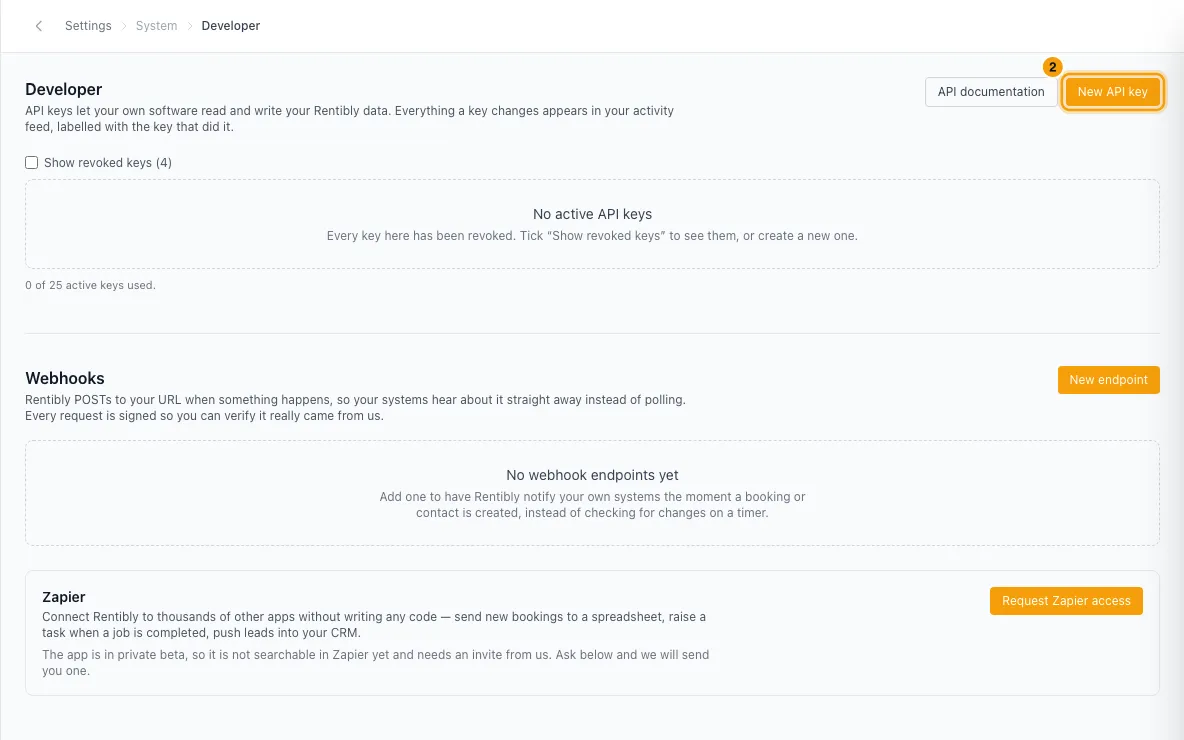Connect other apps with API keys, webhooks and Zapier: step 2 in Rentibly, with New API key marked.