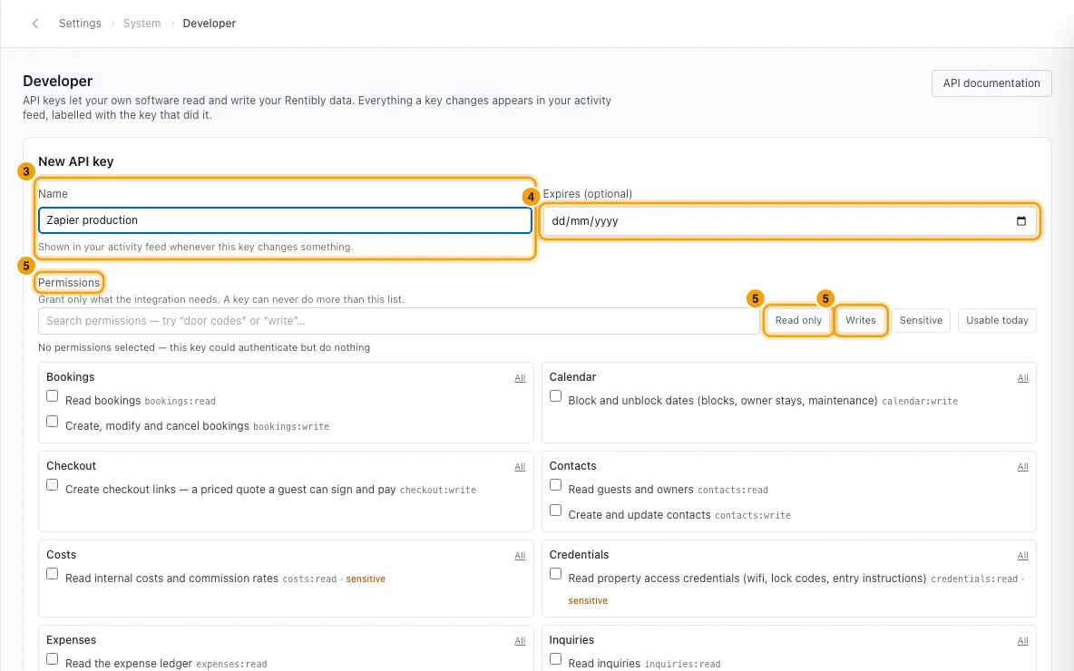Connect other apps with API keys, webhooks and Zapier: steps 3, 4 and 5 in Rentibly, with Name, Expires (optional), Permissions marked.
