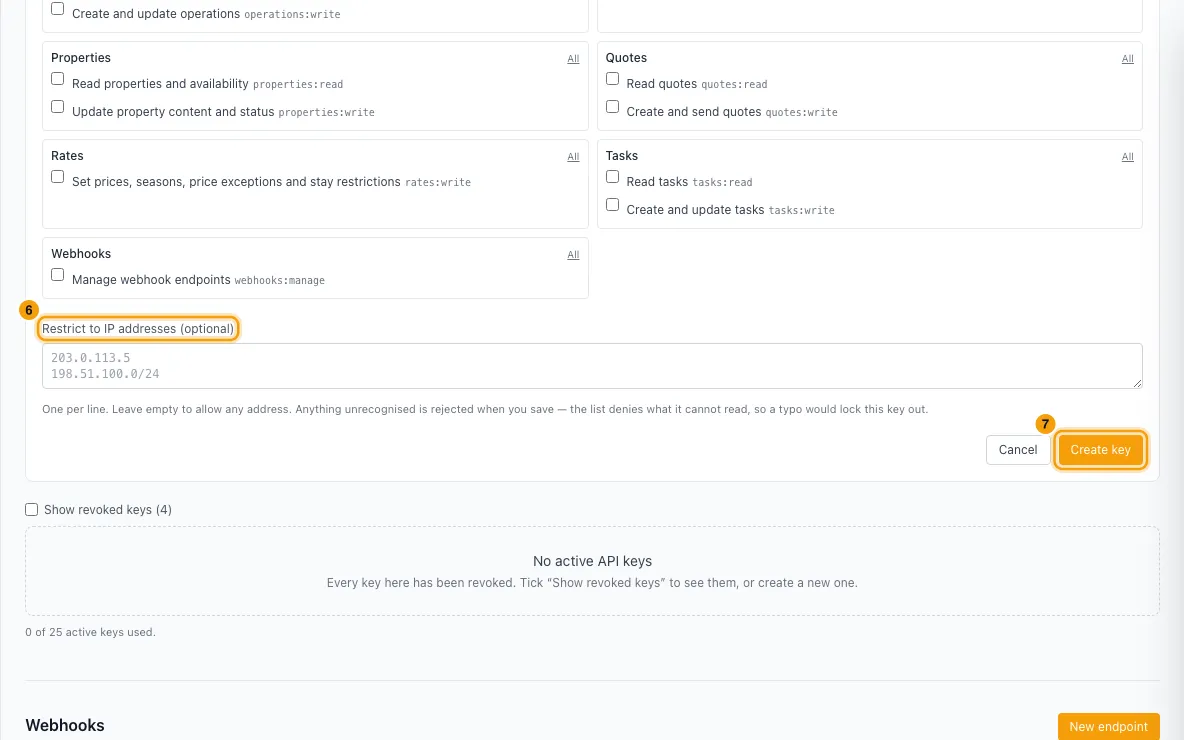 Connect other apps with API keys, webhooks and Zapier: steps 6 and 7 in Rentibly, with Restrict to IP addresses (optional), Create key marked.