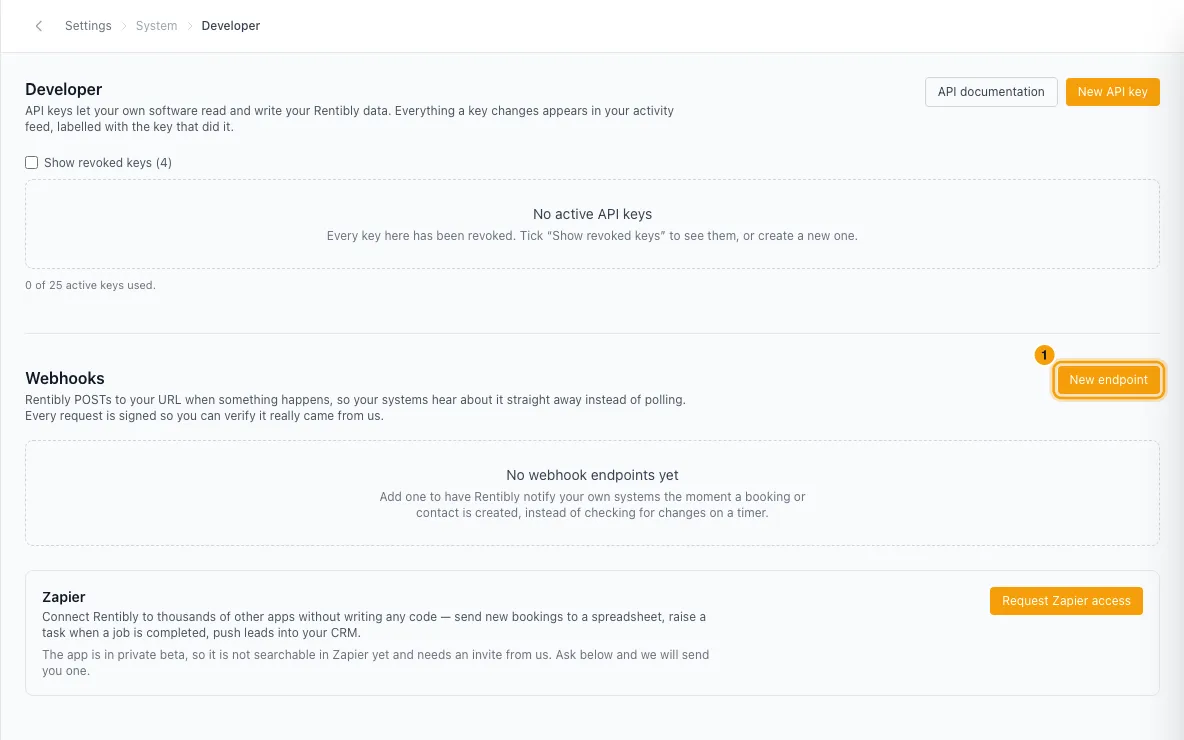 Connect other apps with API keys, webhooks and Zapier: step 1 in Rentibly, with New endpoint marked.