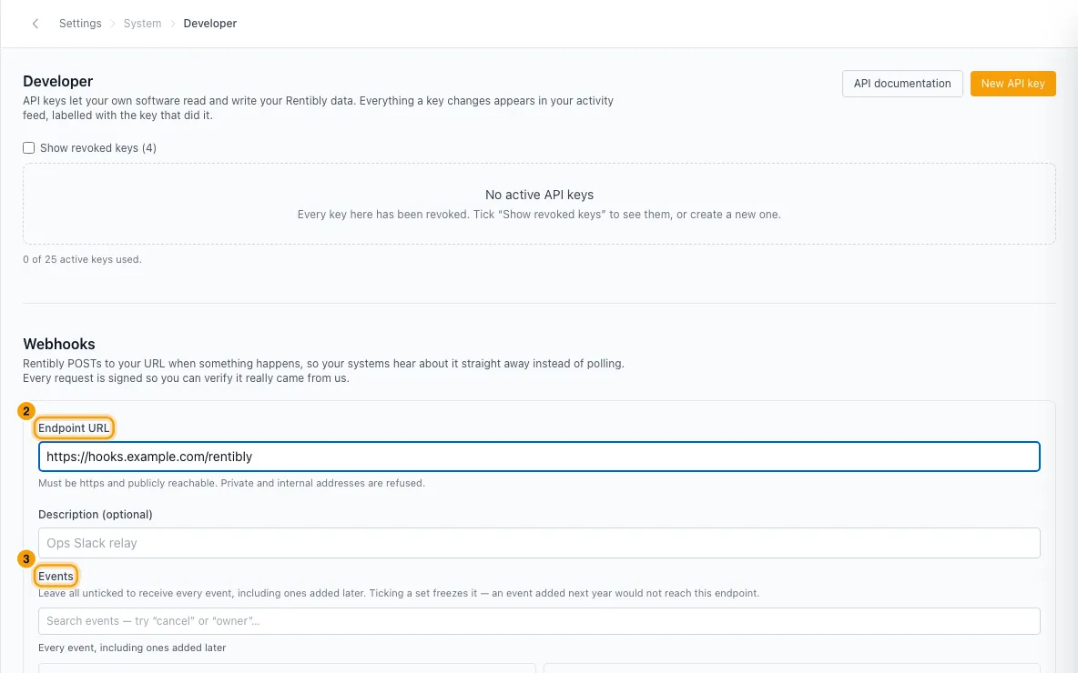 Connect other apps with API keys, webhooks and Zapier: steps 2 and 3 in Rentibly, with Endpoint URL, Events marked.