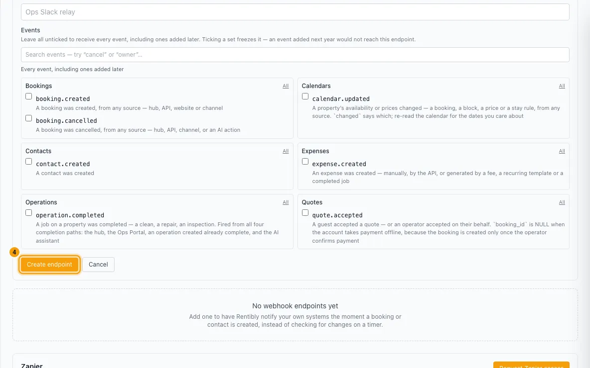 Connect other apps with API keys, webhooks and Zapier: step 4 in Rentibly, with Create endpoint marked.