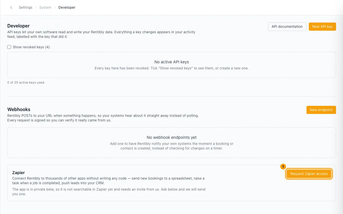 Connect other apps with API keys, webhooks and Zapier: step 1 in Rentibly, with Request Zapier access marked.