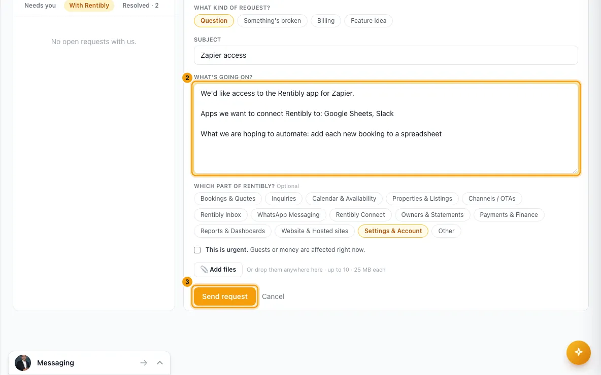 Connect other apps with API keys, webhooks and Zapier: steps 2 and 3 in Rentibly, with your request, Send request marked.