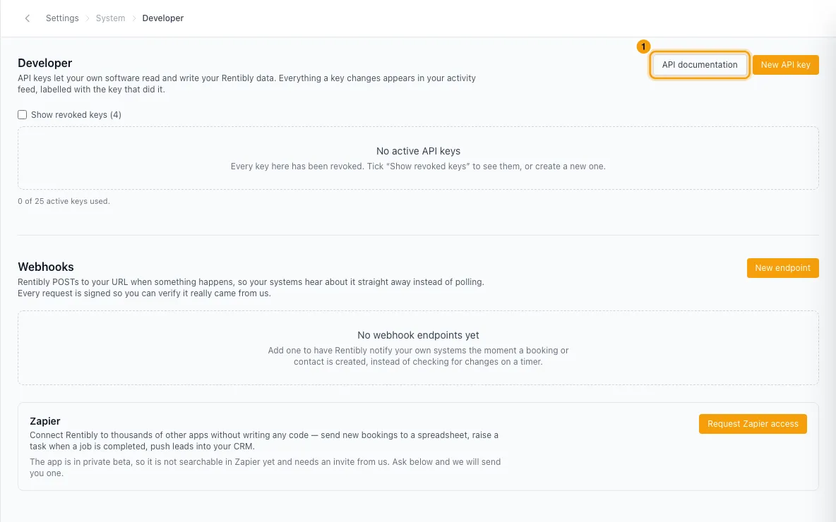 Connect other apps with API keys, webhooks and Zapier: step 1 in Rentibly, with API documentation marked.