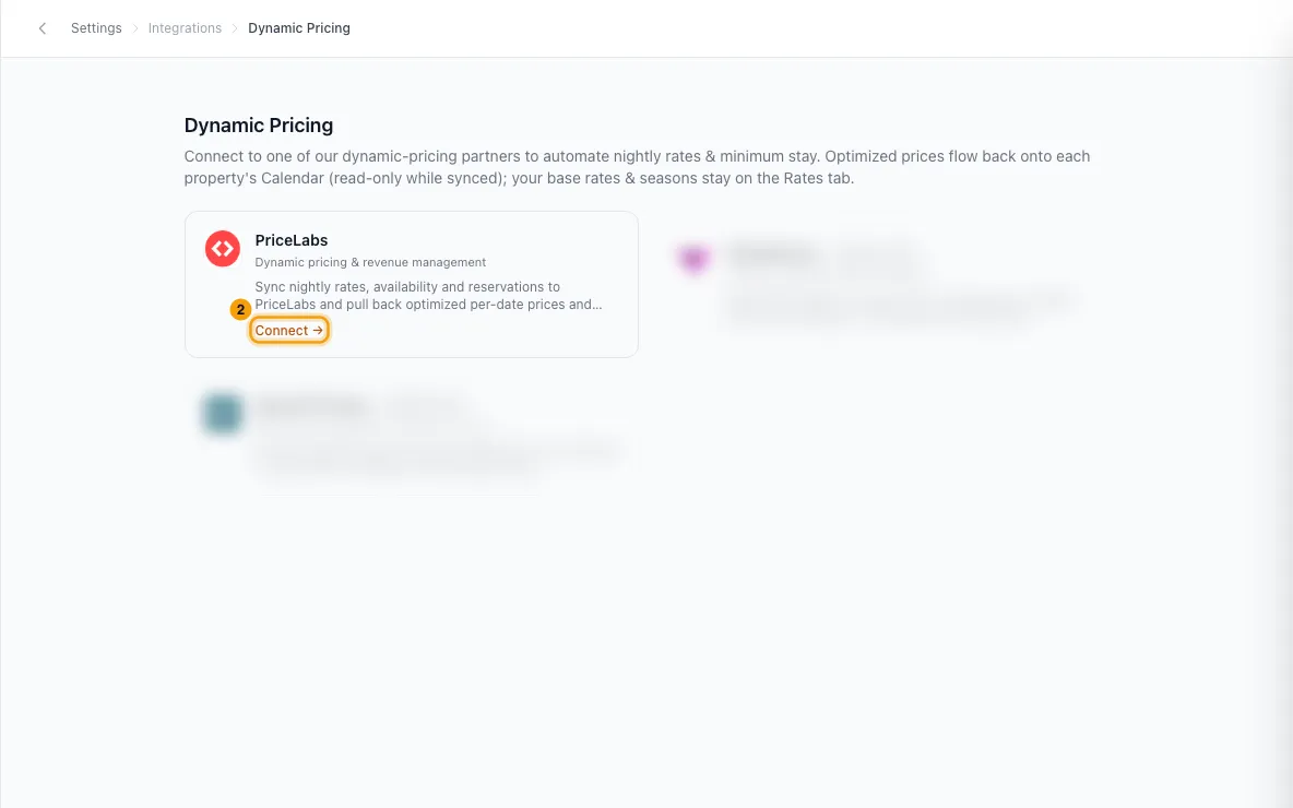 Connect dynamic pricing: step 2 in Rentibly, with Connect → marked.