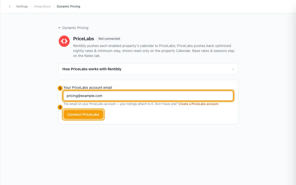 Connect dynamic pricing: step 3 in Rentibly, with your partner account email, Connect PriceLabs marked.