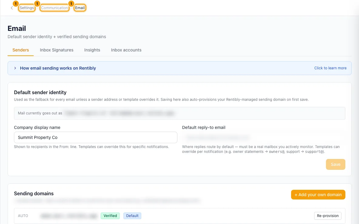 Connect an email account and set signatures: step 1 in Rentibly, with Settings, Communication, Email marked.