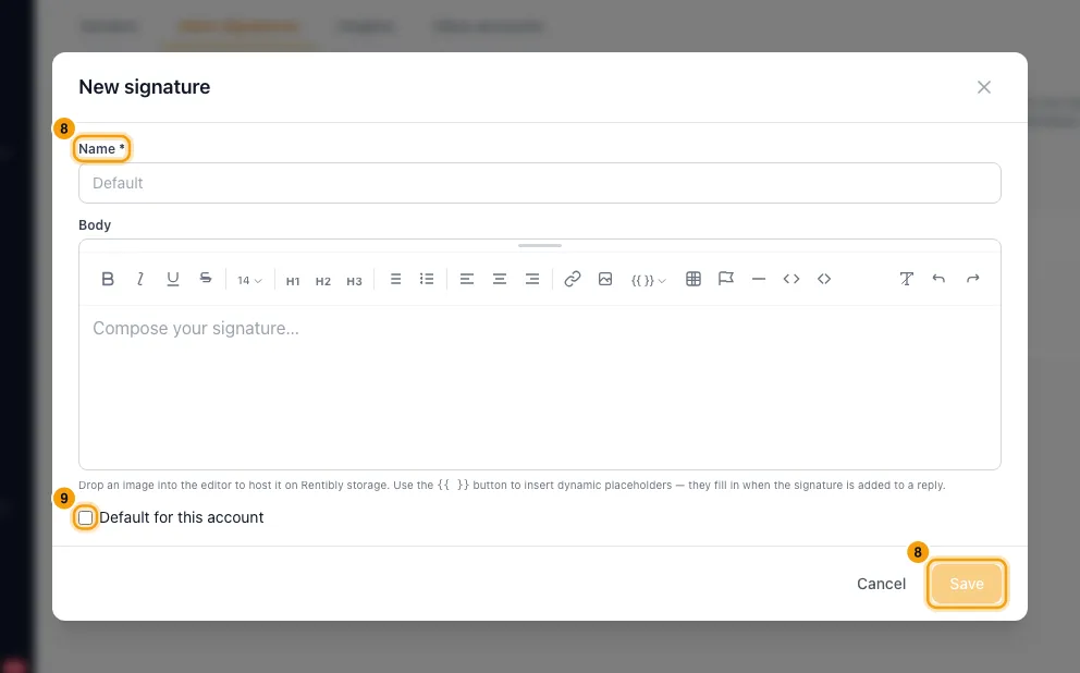 Connect an email account and set signatures: steps 8 and 9 in Rentibly, with Name, Save, Default for this account marked.