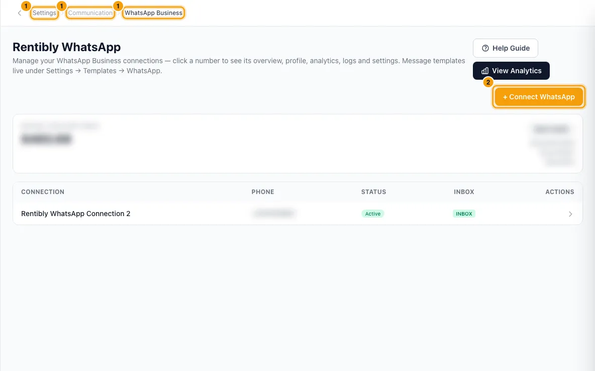 Connect WhatsApp Business and create message templates: steps 1 and 2 in Rentibly, with Settings, Communication, WhatsApp Business marked.