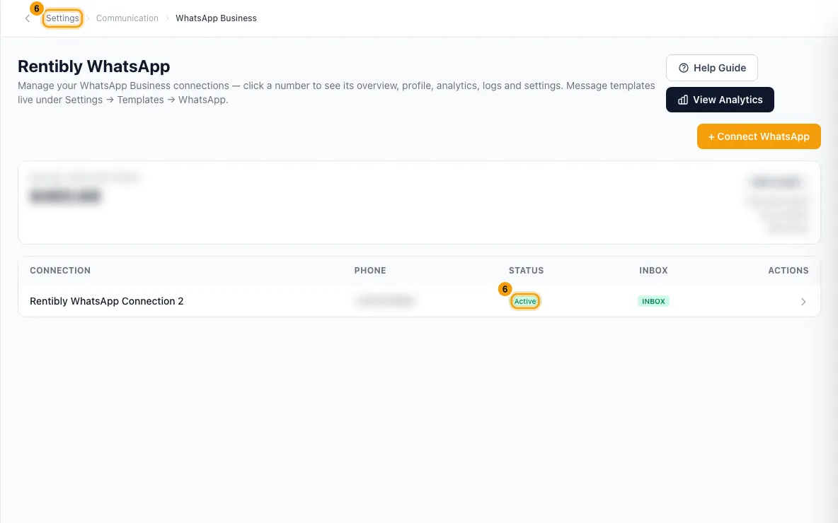 Connect WhatsApp Business and create message templates: step 6 in Rentibly, with Settings, Active marked.