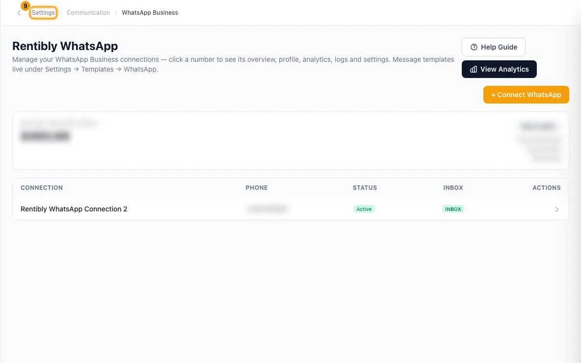 Connect WhatsApp Business and create message templates: step 9 in Rentibly, with Settings marked.