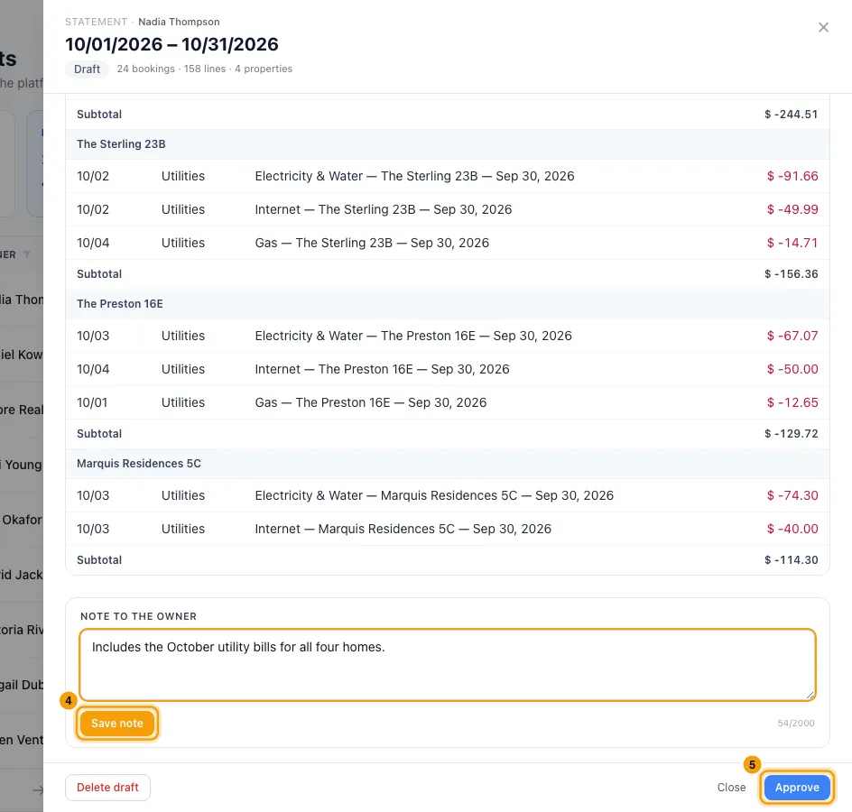 Create, approve and send an owner statement: steps 4 and 5 in Rentibly, with Save note, Approve marked.