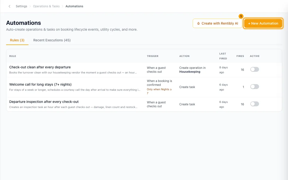 Create an operation automatically after another operation: step 1 in Rentibly, with + New Automation marked.