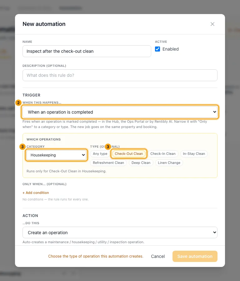 Create an operation automatically after another operation: steps 2 and 3 in Rentibly, with When this happens…, Which operations, Check-Out Clean marked.