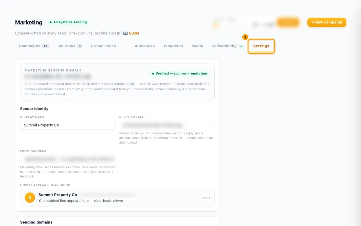 Create a promo code for guests: step 1 in Rentibly, with Settings marked.