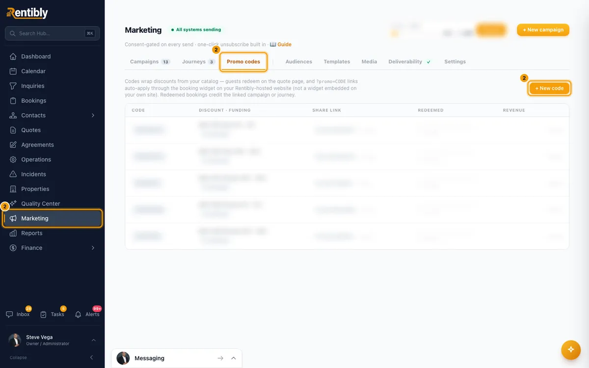 Create a promo code for guests: step 2 in Rentibly, with Marketing, Promo codes, + New code marked.