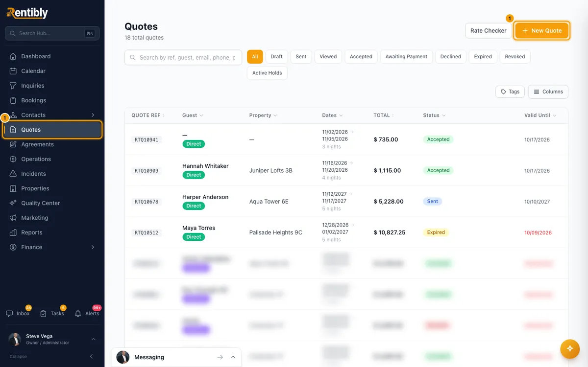 Create a quote and turn it into a booking: step 1 in Rentibly, with Quotes, New Quote marked.