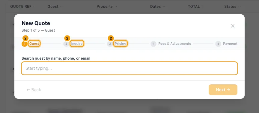 Create a quote and turn it into a booking: step 2 in Rentibly, with Guest, Inquiry, Pricing marked.