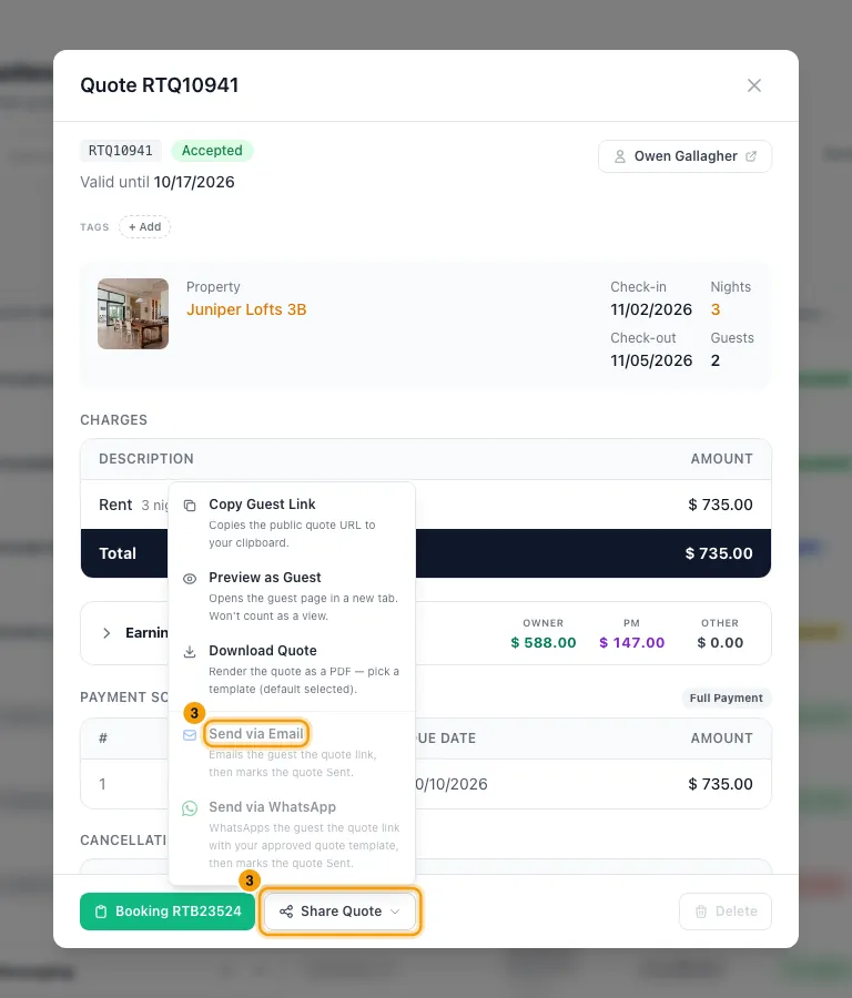 Create a quote and turn it into a booking: step 3 in Rentibly, with Share Quote, Send via Email marked.