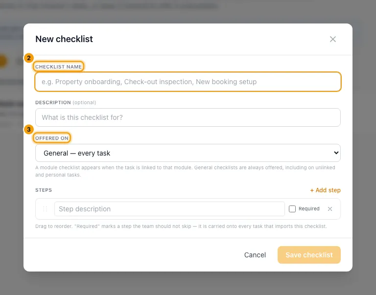 Create tasks and use task checklists: steps 2 and 3 in Rentibly, with Checklist name, Offered on marked.