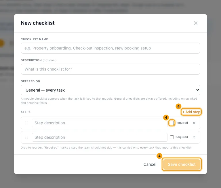 Create tasks and use task checklists: step 4 in Rentibly, with + Add step, Required, Save checklist marked.