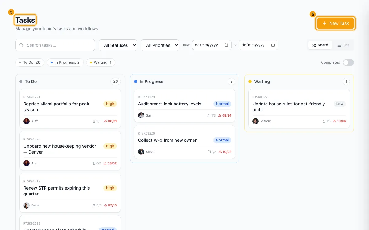 Create tasks and use task checklists: step 5 in Rentibly, with Tasks, New Task marked.