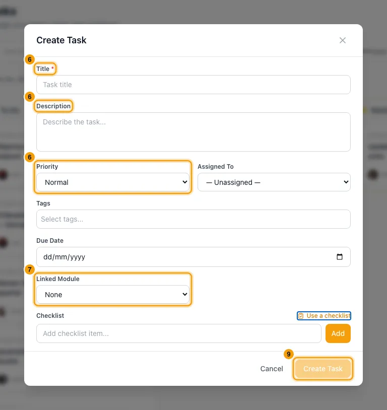 Create tasks and use task checklists: steps 6, 7 and 9 in Rentibly, with Title, Description, Priority marked.