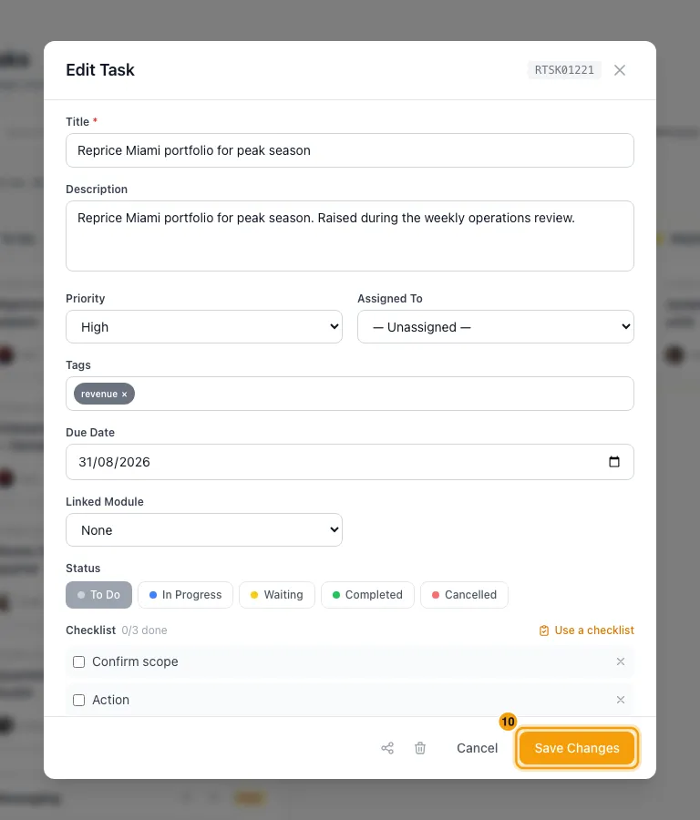 Create tasks and use task checklists: step 10 in Rentibly, with Save Changes marked.