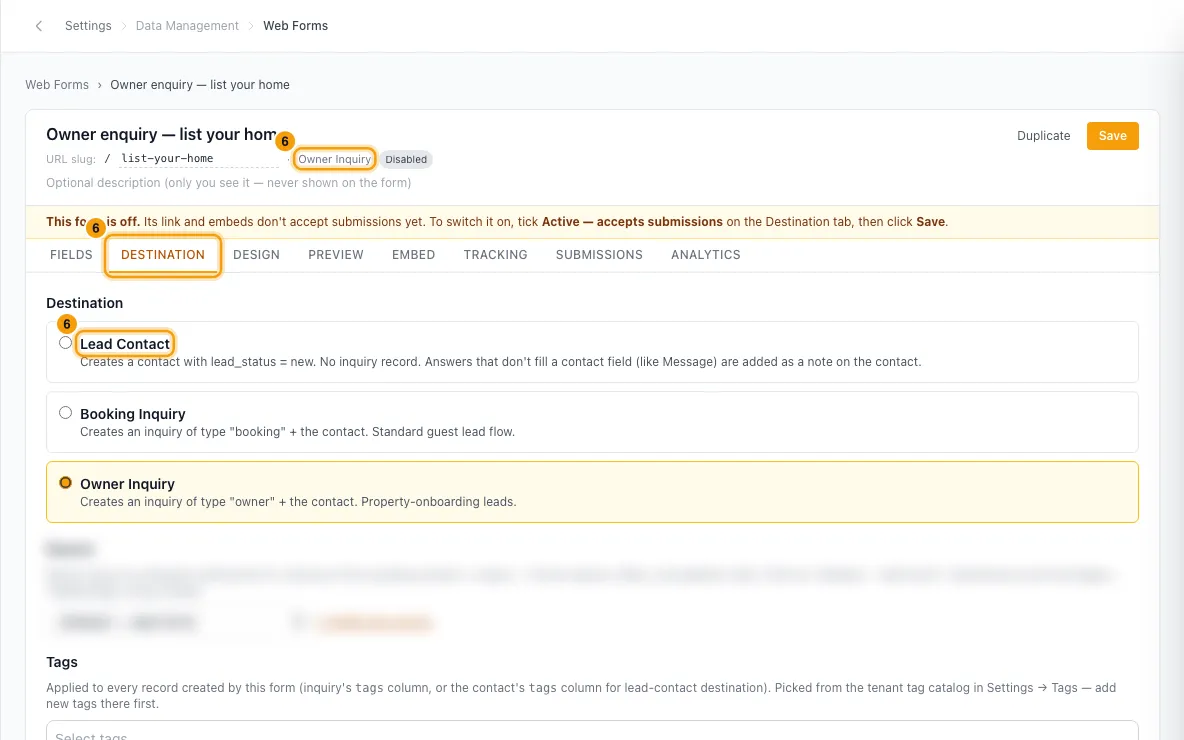 Create a web form for your website: step 6 in Rentibly, with Destination, Lead Contact, Owner Inquiry marked.