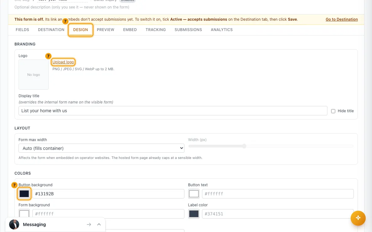 Create a web form for your website: step 7 in Rentibly, with Design, Upload logo, Button background marked.