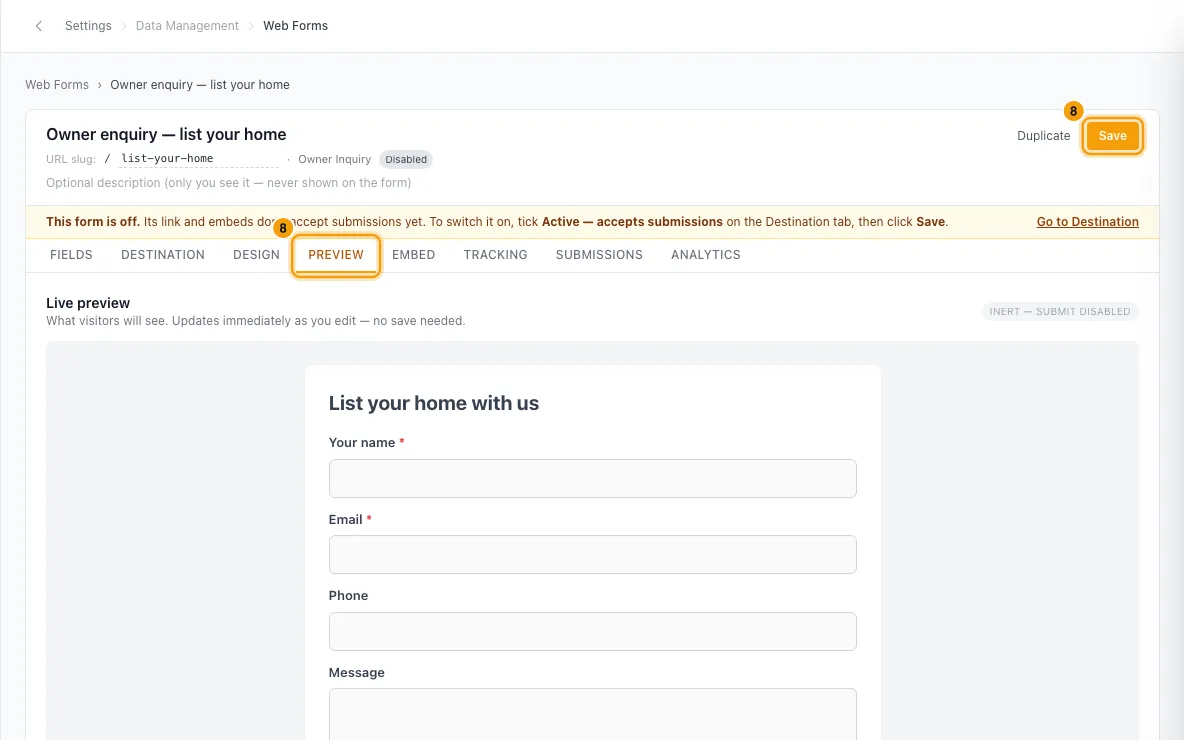 Create a web form for your website: step 8 in Rentibly, with Preview, Save marked.