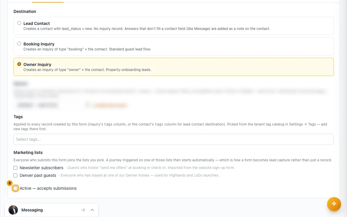 Create a web form for your website: step 9 in Rentibly, with Active — accepts submissions marked.