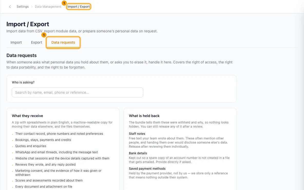 Export or erase a person's data (data requests): step 1 in Rentibly, with Import / Export, Data requests marked.