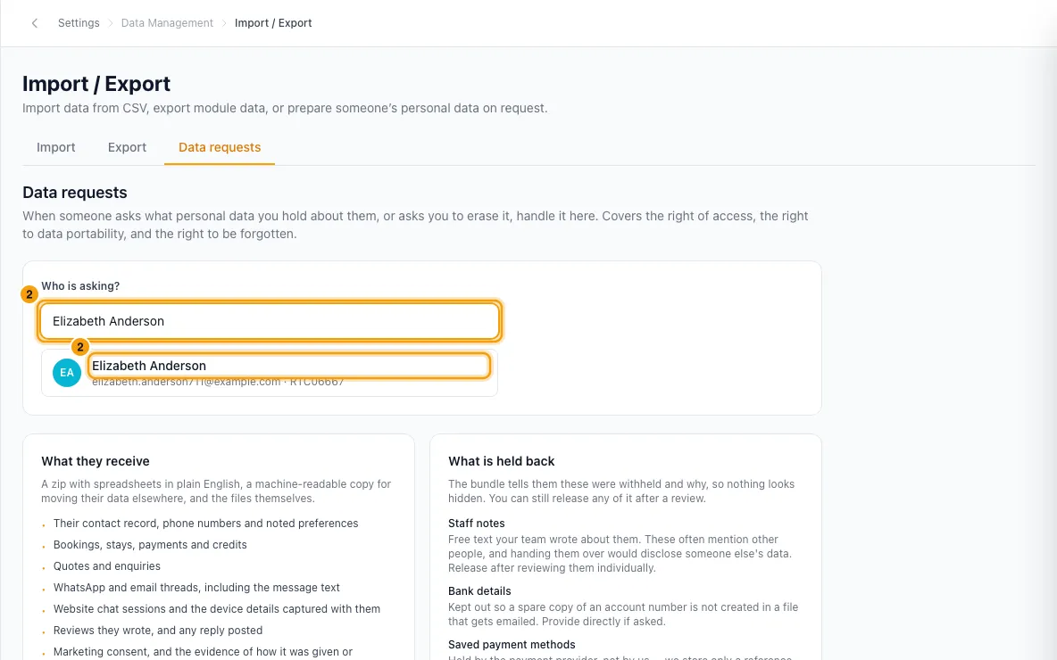 Export or erase a person's data (data requests): step 2 in Rentibly, with the search, the search marked.