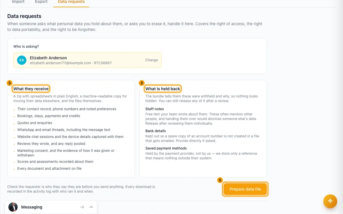 Export or erase a person's data (data requests): steps 3 and 5 in Rentibly, with What they receive, What is held back, Prepare data file marked.