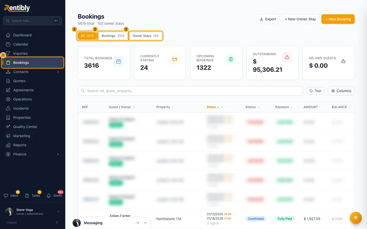 Find and filter bookings: steps 1 and 2 in Rentibly, with Bookings, the tabs, the tabs marked.