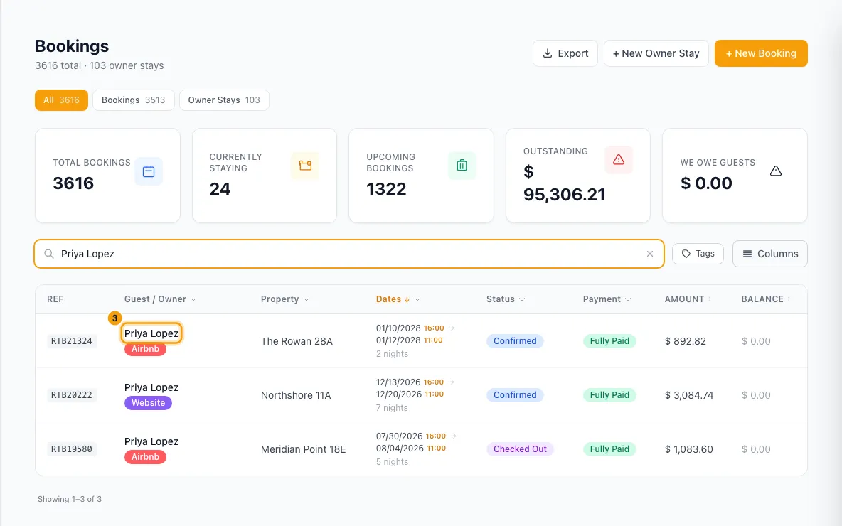 Find and filter bookings: step 3 in Rentibly, with the matching booking marked.