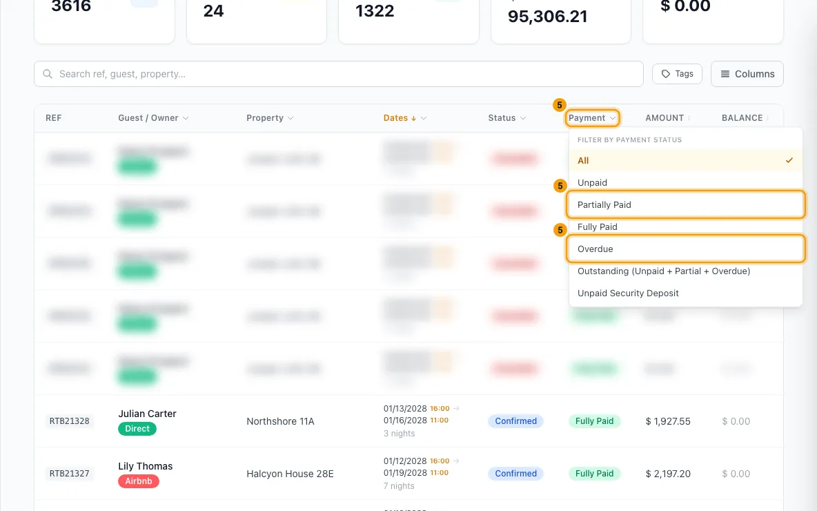 Find and filter bookings: step 5 in Rentibly, with the Payment header, Partially Paid, Overdue marked.